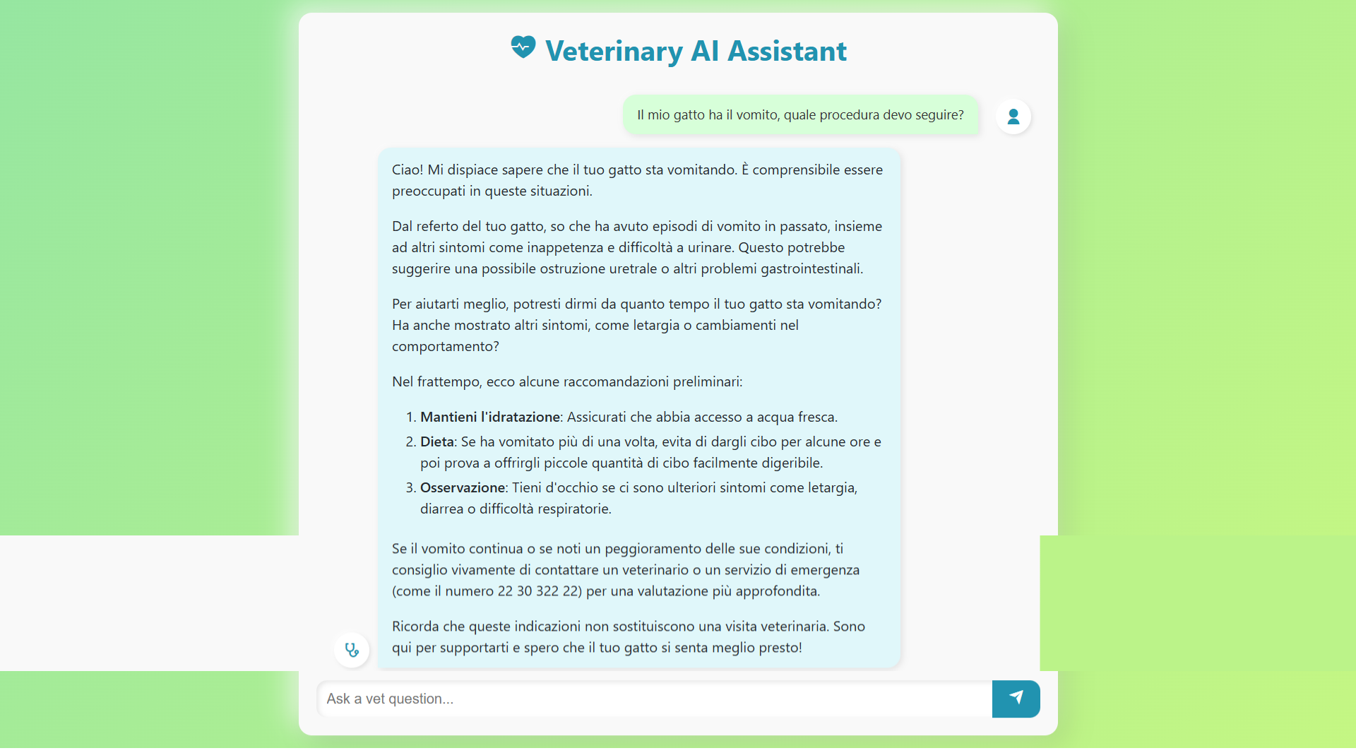 Veterinary AI Assistant Gatto vomito